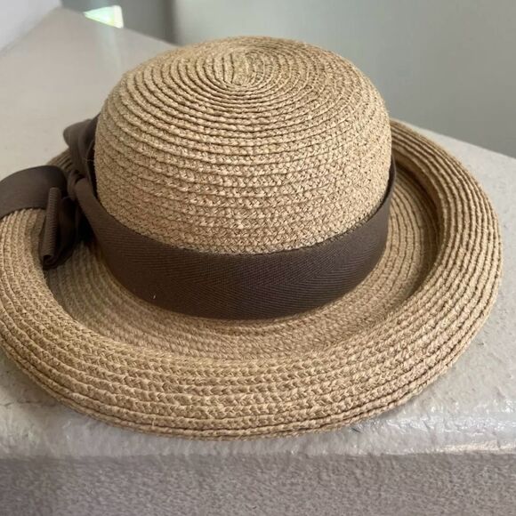 Vintage Helen Kaminski Raffia Straw Hat Rolled Brim Brown Bow hat block Like New - Picture 8 of 14